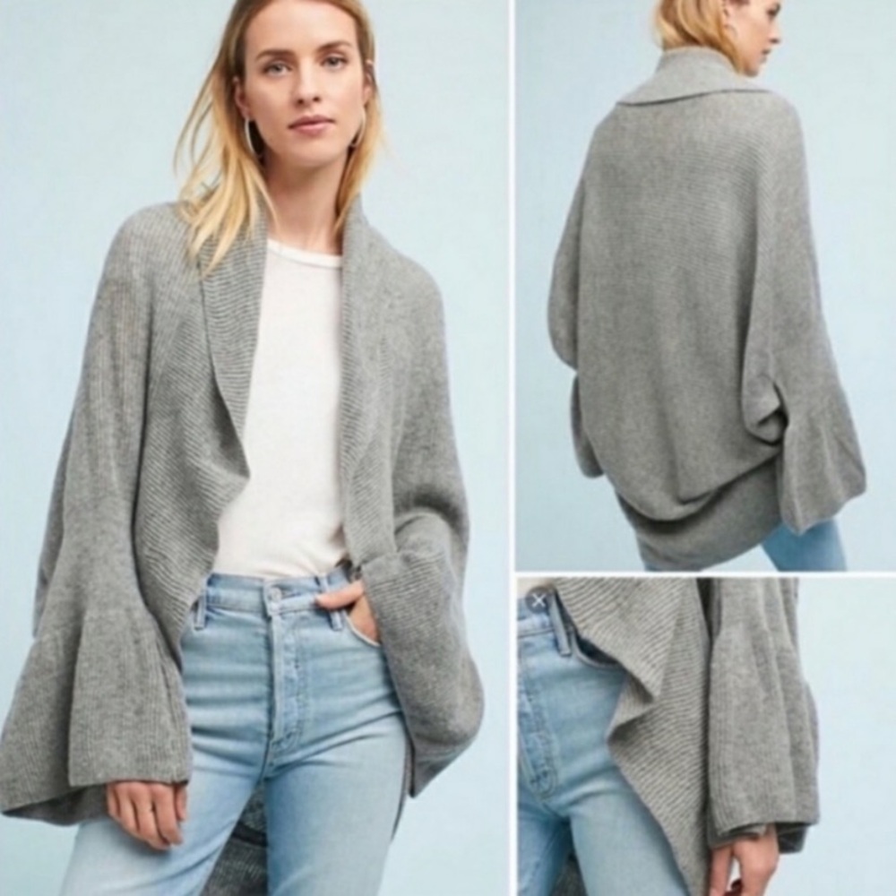 New Anthropologie Sleeping on Snow Cocoon Bell Ruffled Cardigan Knit Sweater S
